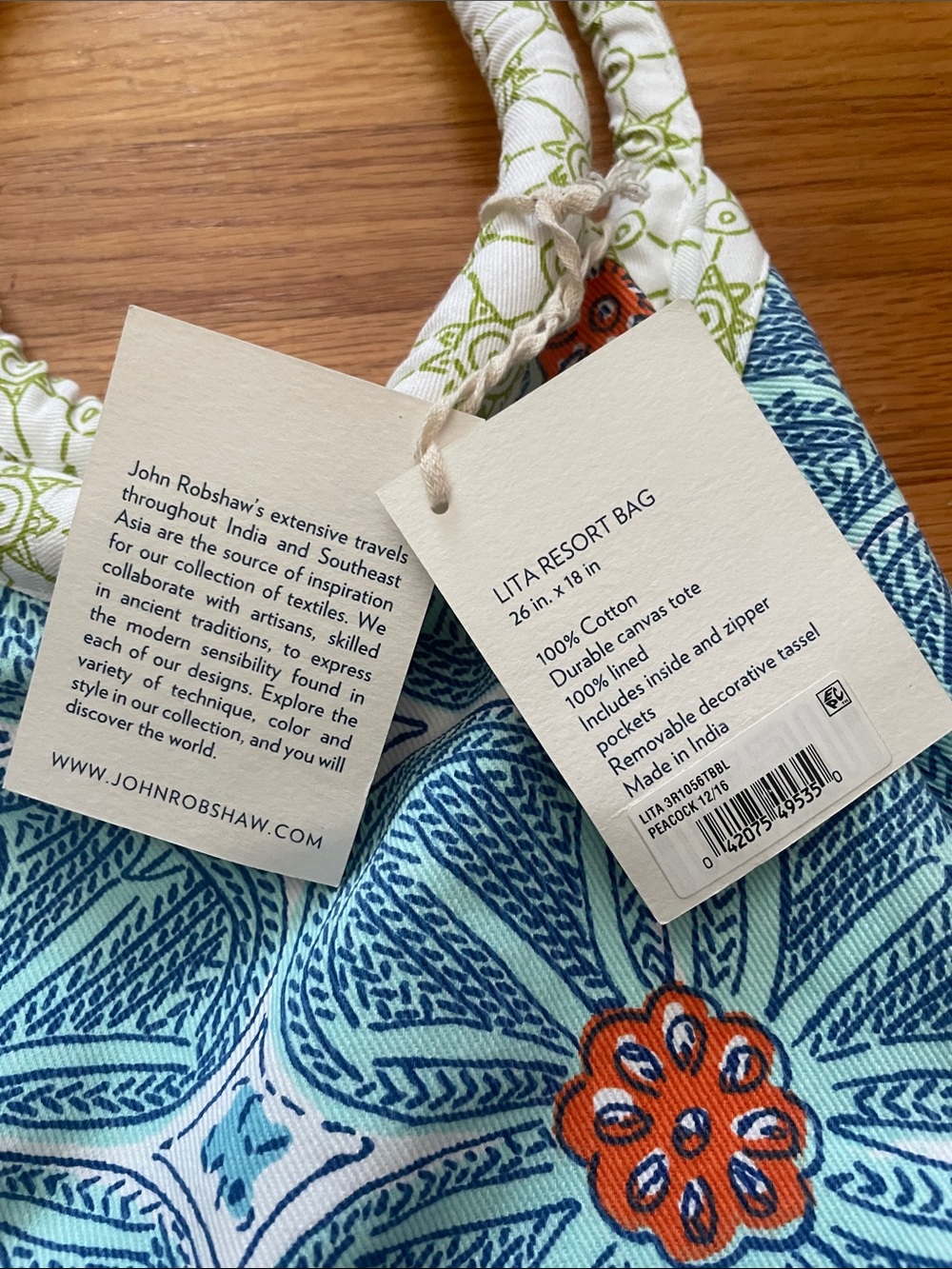 RARE/NWT John Robshaw Teal Floral Tote with Orange Accents and Blue Pom Charm - Picture 2 of 4